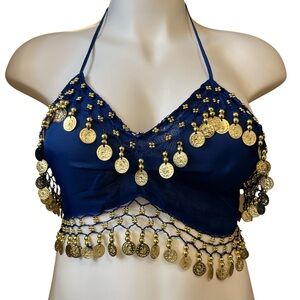 Navy Blue Belly Dance Halter Tie Back Top with Gold Coin Accents NWT